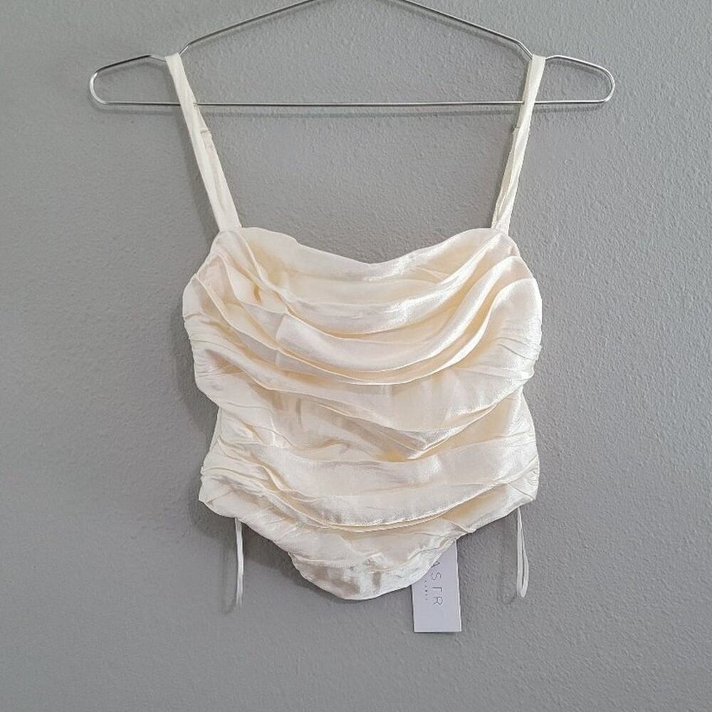 NWT ASTR The Label Janet Ruched Bustier Satin Top Champagne XS